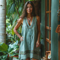 Retro Boho Tribal Art Embroidery Print Cotton And Linen V-neck Sleeveless Midi Dress artswardrobe
