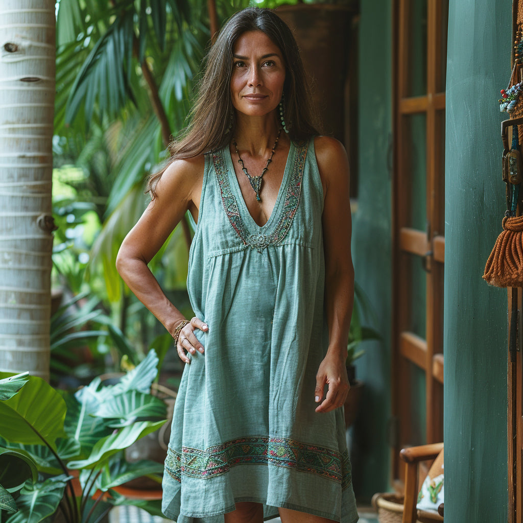 Retro Boho Tribal Art Embroidery Print Cotton And Linen V-neck Sleeveless Midi Dress artswardrobe
