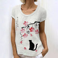 Japanese Retro Ink Floral Cat Art Painting Linen Casual T-Shirt elevenforest