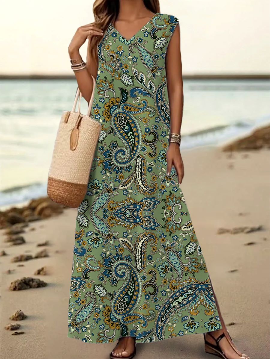 Women's Floral Art Print V-Neck Sleeveless Cotton Pocket Dress