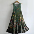 Women's Vintage Floral Art Print Crew Neck Sleeveless Cotton Pocket Dr