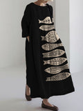 Comstylish Fish Japanese Lino Art Flowy Linen Blend Maxi Dress