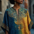 Ankh Ancient Egyptian Floral Embroidered Contrast Gradient Linen Shirt artswardrobe