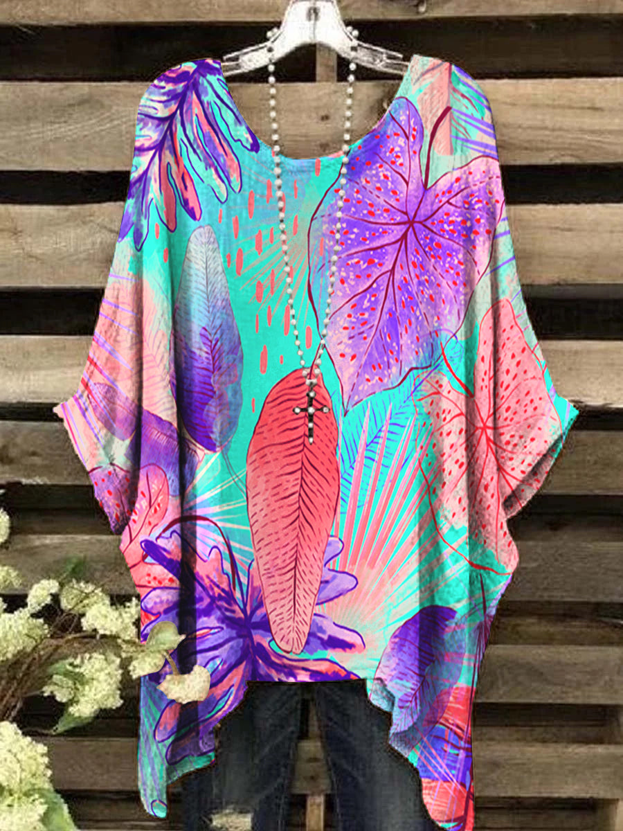 Women's Vintage Abstract Leaf Pattern Round Neck Top