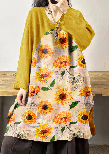 Yellow Stripes V Neck Embroidered Patchwork Linen Mid Dresses Fall