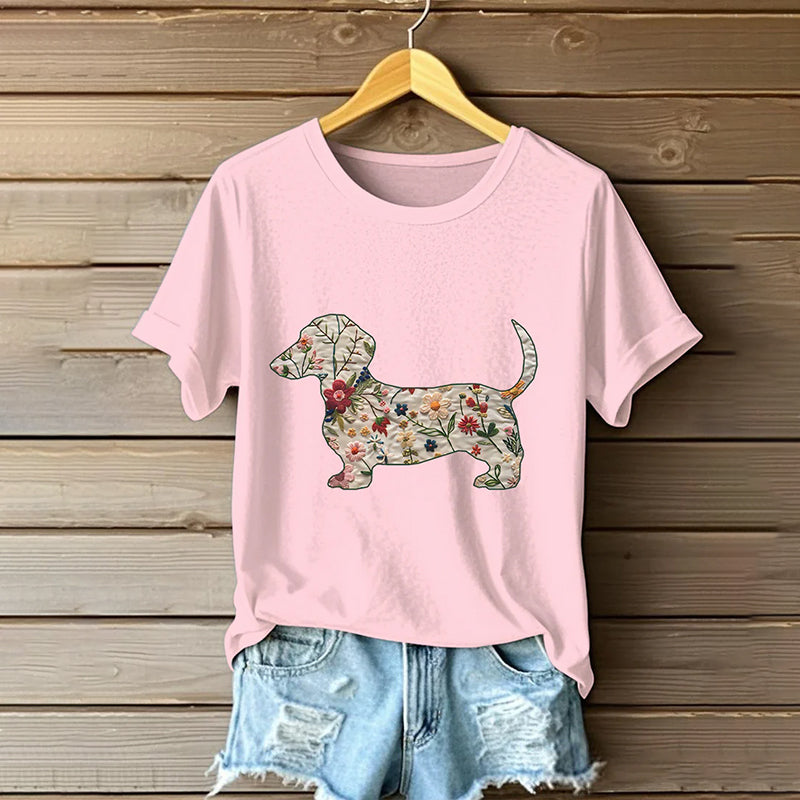 Comstylish Women's Classic Dachshund In Floral Inspired Painting Embroidered Casual Linen T-shirt