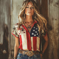 Comstylish Vintage Western Sequins Floral Embroidery Stripe Print Women's Linen Short Sleeve Shirt