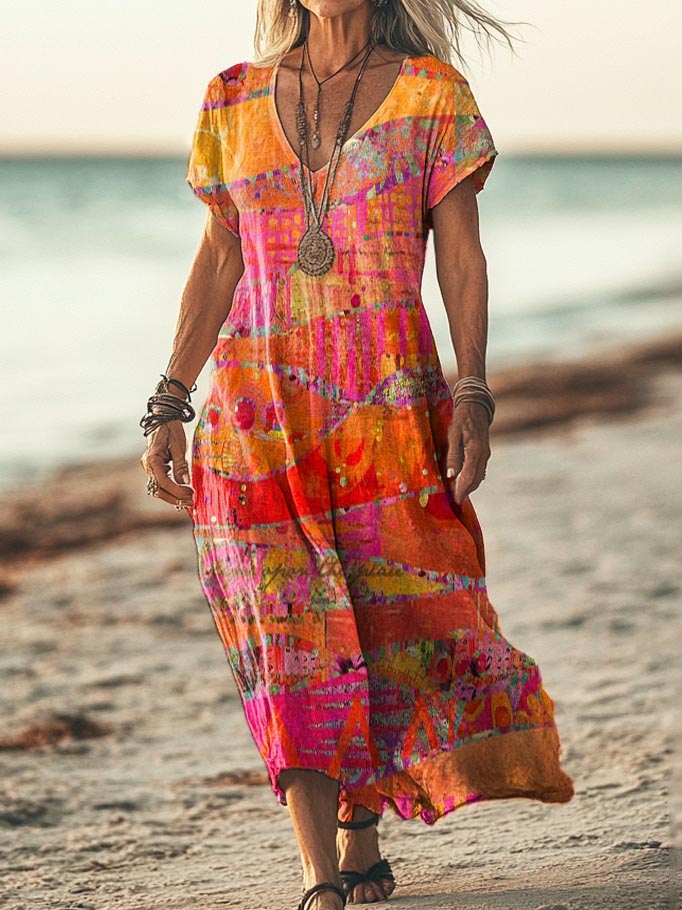 Women's Ethnic Art Pattern Print Pocket Cotton Dress