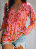 Women's Casual Vintage Floral Art Print V Neck Long Sleeve Tops