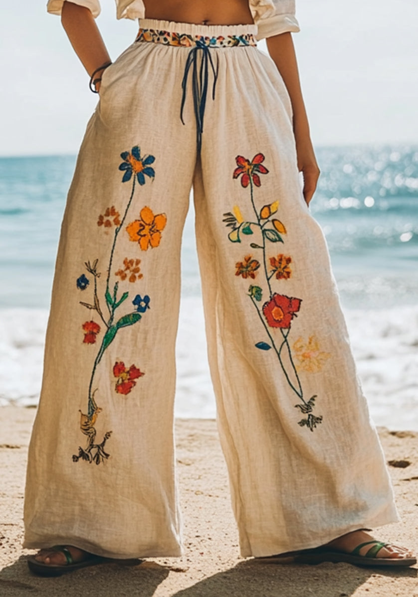 Comstylish Women's Floral Embroidery Art Print Linen Lounge Pants