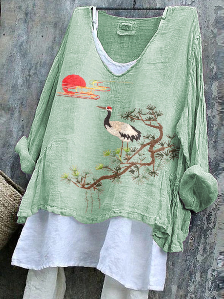 Comstylish Pine Trees Sunrise Landscape Embroidery Pattern Cozy Cotton Linen Shirt