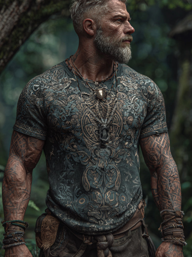 Viking-style Vine Embroidery Round-neck Short-sleeved Shirt artswardrobe