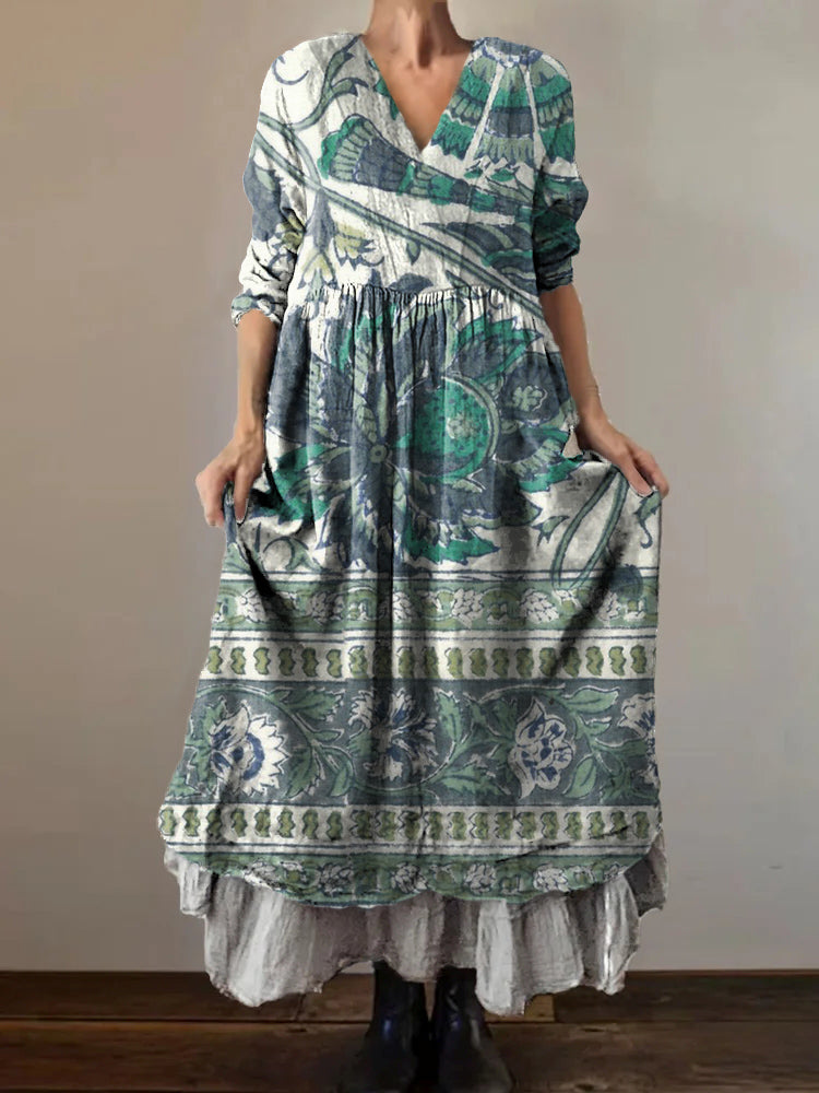 Women's Floral Art Print V-Neck Pocket Cotton Dress