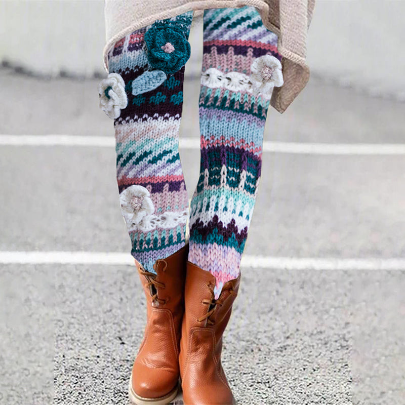 Vintage Fair Isle Floral Knitted Art Comfy Leggings artswardrobe