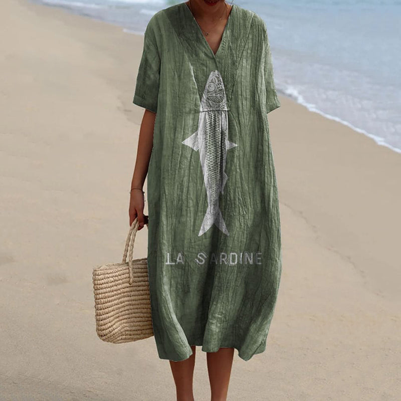 Comstylish Women'S Sardine Fish Art Pattern Linen Blend Dress