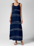 Comstylish Vintage Wave Stripe Pattern Linen Maxi Dress