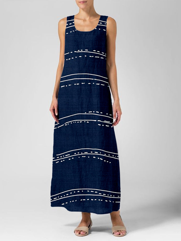 Comstylish Vintage Wave Stripe Pattern Linen Maxi Dress