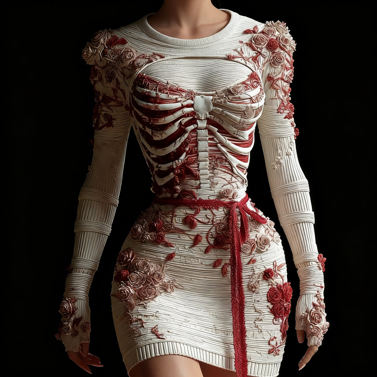 Comstylish Vintage Skeleton Anatomy Roses Crew Neck Sweater Dress