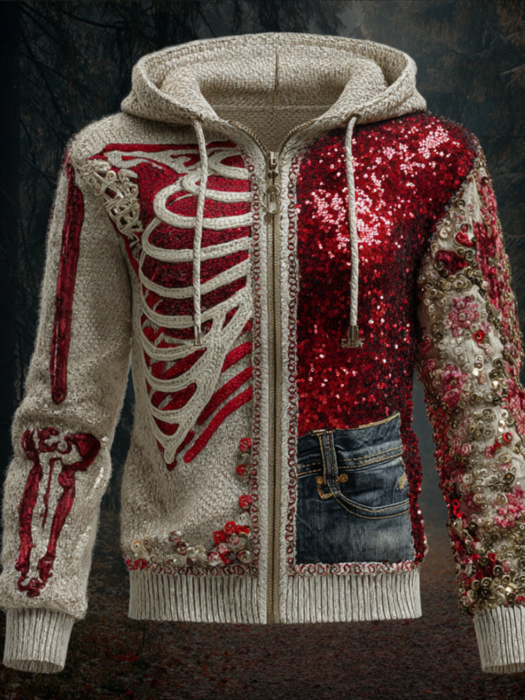 Comstylish Halloween Human Anatomy Art Splicing Hooded Cardigan Sweater