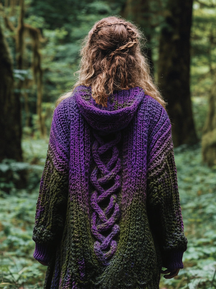 Women's Celtic Knot Retro Rainbow Chunky Knit Hooded Cardigan elevenforest