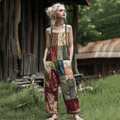 Women's Retro Floral Patchwork Linen Print Cotton Linen Jumpsuit artswardrobe