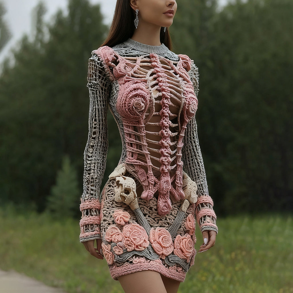 Comstylish Women's Halloween Skeleton Bones With Rose Art Cozy Knit Mini Sweater Dress