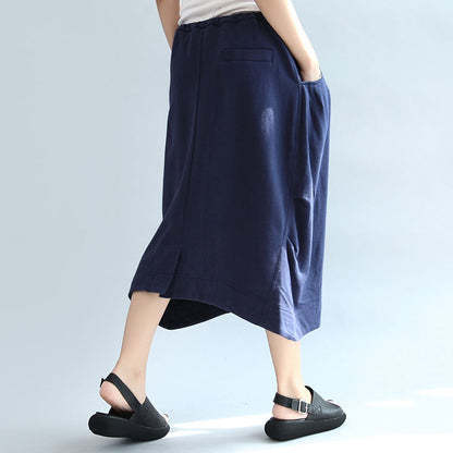 Dark Blue Knitting Cotton Skirts Elastic Waist Beach Skirts