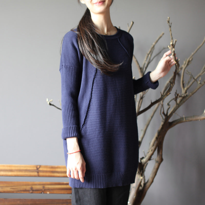 Dark Blue New Cotton Sweater Tops Fit Mid Long Knit Pullover