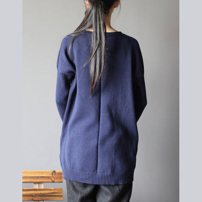 Dark Blue New Cotton Sweater Tops Fit Mid Long Knit Pullover