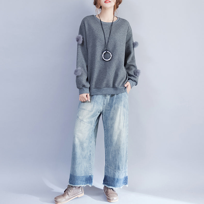 Dark Gray Thick Knit Tops Oversize Fine Pullover Sweater