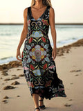 Women's Folk Totem Floral Art Pattern Print V-neck Sleeveless Pocket C