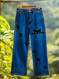 Comstylish Peeking Black Cats Paw Prints Washed Wide Jeans