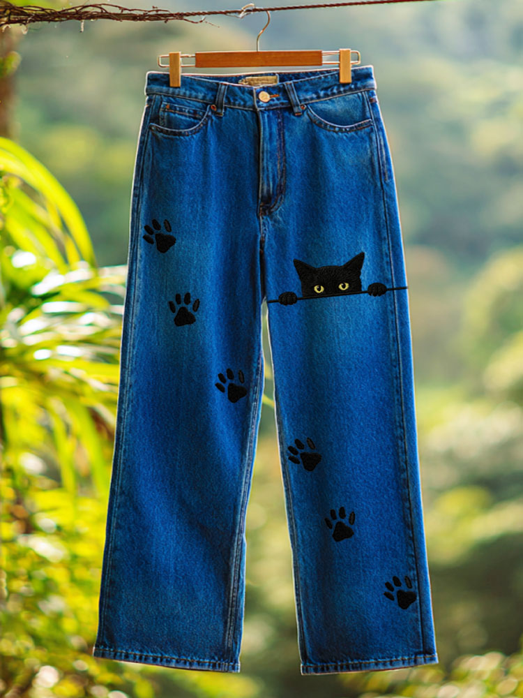 Comstylish Peeking Black Cats Paw Prints Washed Wide Jeans