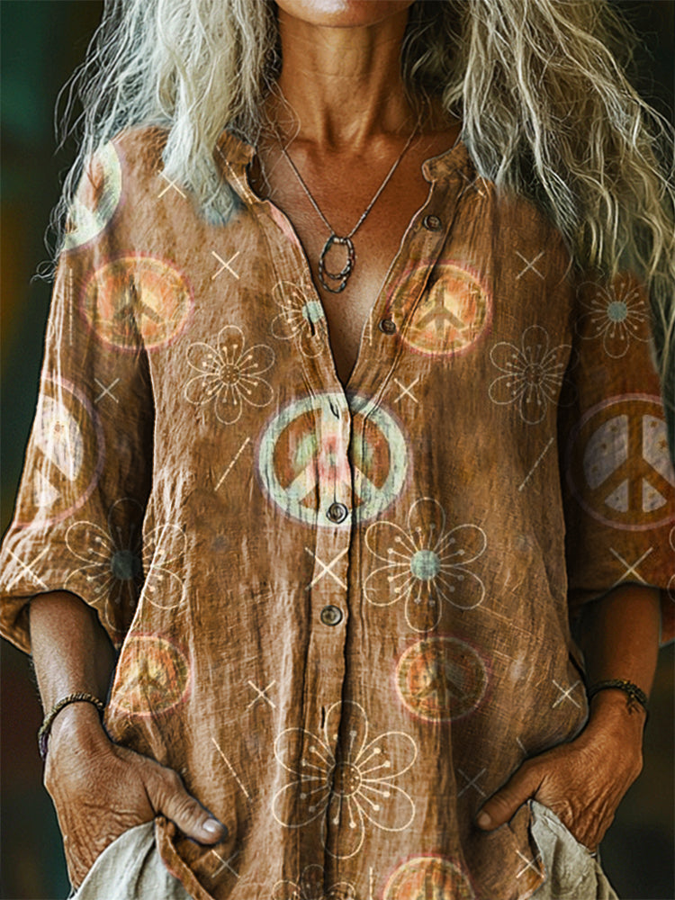 Women's Hippie Art Print Casual Cotton And Linen Shirt