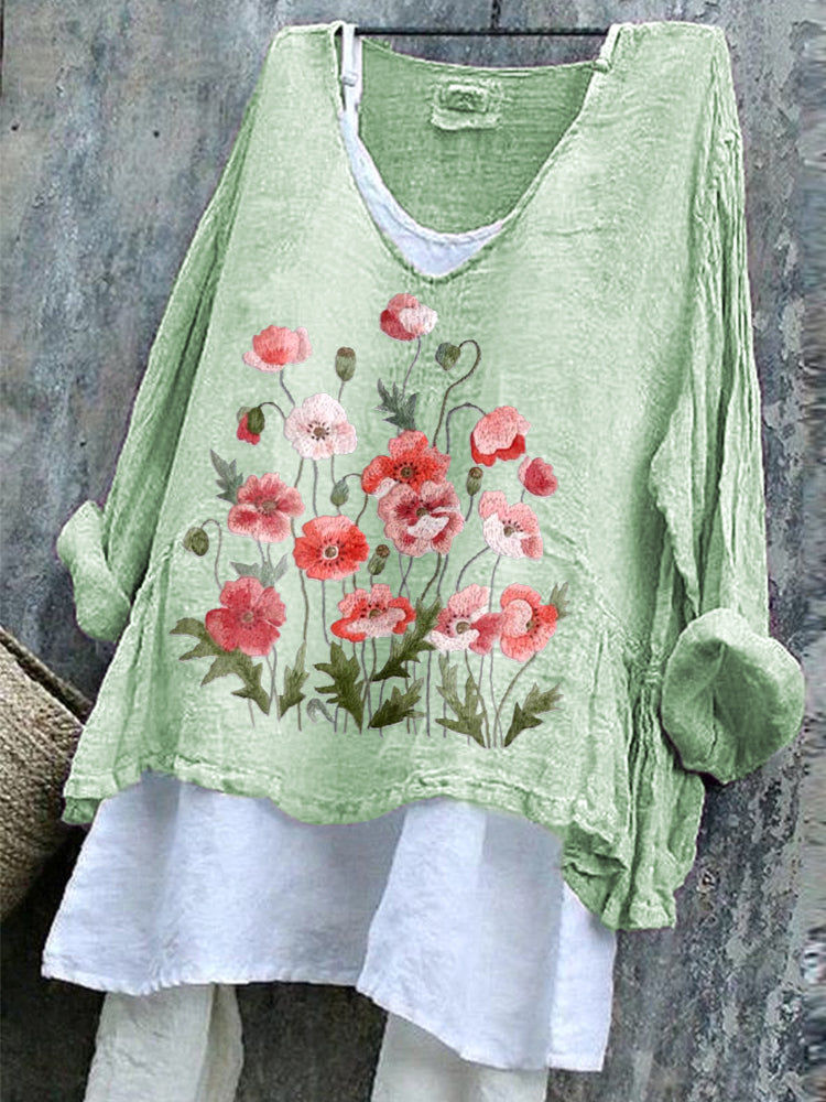 Comstylish Poppy Flower Embroidery Pattern Cozy Cotton Linen Shirt