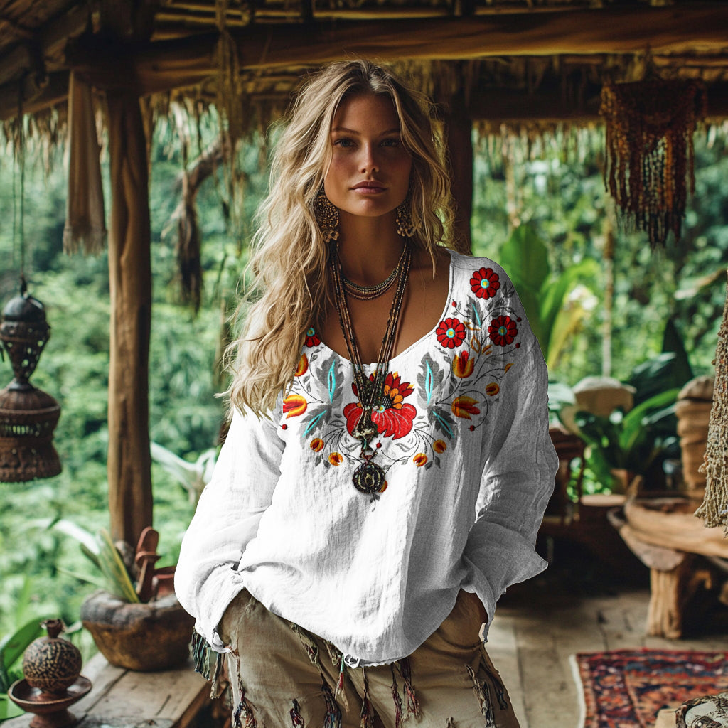 Vintage Bohemian Floral Embroidered Linen Shirt artswardrobe