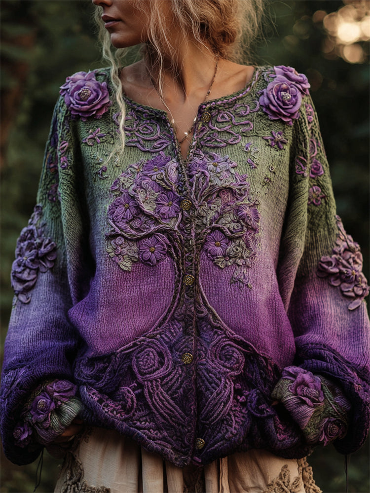 Purple Floral Tree Of Life Crochet Embroidered Gradient Cozy Cardigan artswardrobe