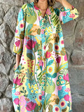 Women's Resort Art Watercolor Floral Cotton Shirt Dress