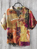 Vintage Boho Floral Patchwork Print Men's Linen V-neck Shirt artswardrobe