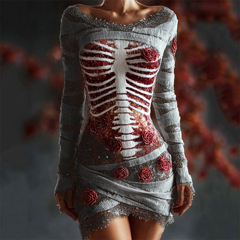 Comstylish Halloween Bloody Red Roses Rib Cage Lace Comfy Mini Dress