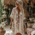 Comstylish Women's Floral Embroidery Art V Neck Comfy Short Sleeve Midi Dress