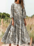 Women's Floral Texture Art Print Flowy Cotton Crew Neck Dress