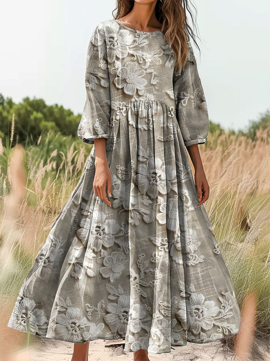 Women's Floral Texture Art Print Flowy Cotton Crew Neck Dress