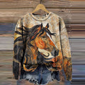 Comstylish Vintage Western Horse Print Crew Neck Sweatshirt