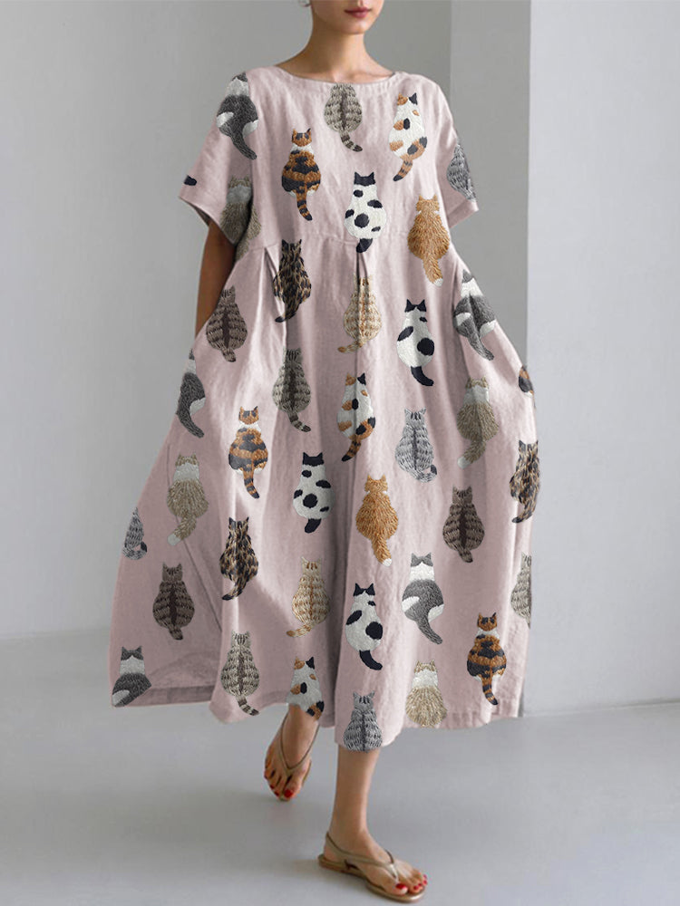 Cute Cats Embroidery Pattern Linen Blend Dress artswardrobe