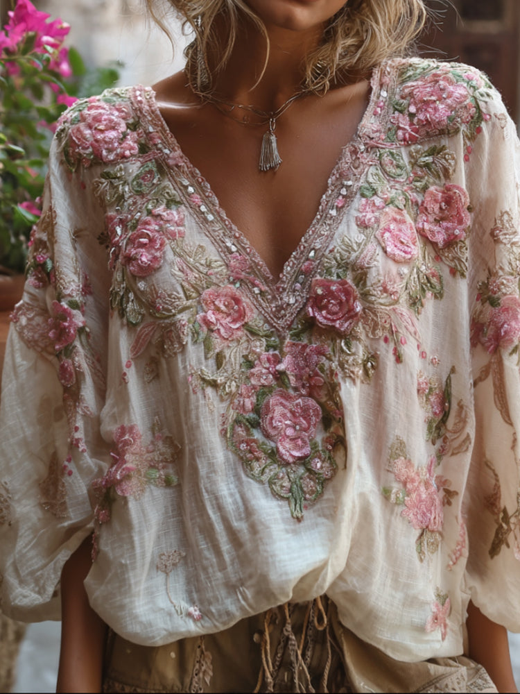 Comstylish Bohemian Three-dimensional Pink Floral Sequin V-neck Long-sleeved Top
