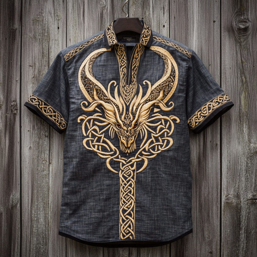Men's Viking Tribal Dragon With Celtic Knotwork Embroidery Art Linen T-shirt artswardrobe