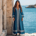 Classic Elegant Greek Key V Neck Linen Blend Maxi Dress artswardrobe