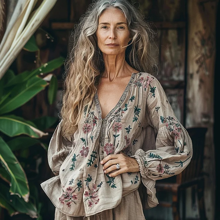 Bohemian Floral Linen Art Print Long Sleeve V-neck Shirt artswardrobe