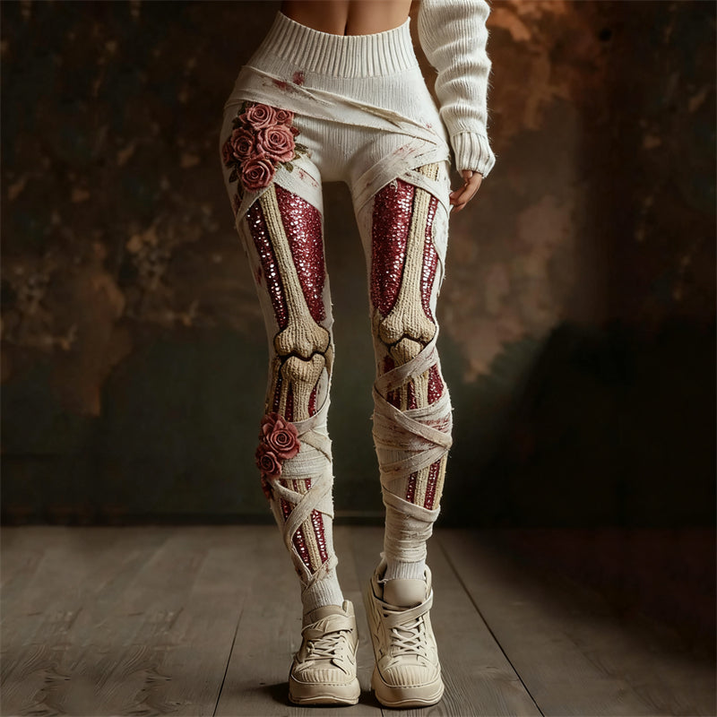 Comstylish Classy Roses Skeleton Anatomy Sequins Bandages Cozy Knit Leggings